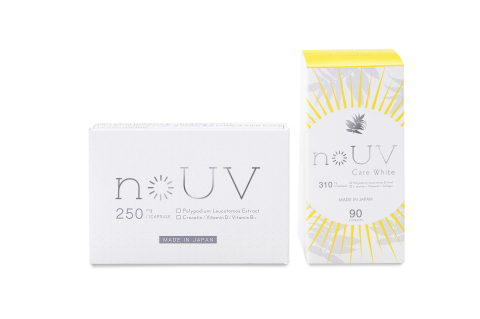 noUV [Price: 1,800 yen (excluding tax) / Capacity: 10 capsules] & noUV Care White [Price: 9,800 yen (excluding tax) / Capacity: 90 capsules] (Photo: Business Wire)