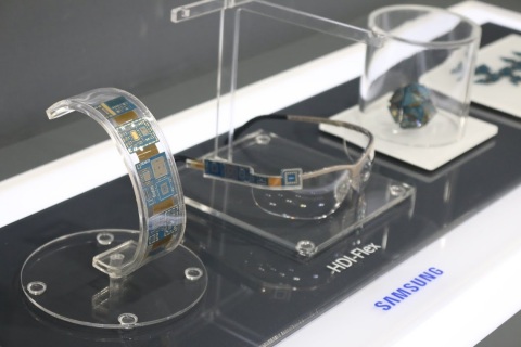 This is a HDI-Flex PCB for wearable devices produced by Samsung Electro-Mechanics on display at the 16th China Hi Tech Fair ELEXCON 2014. (Photo: Business Wire)
