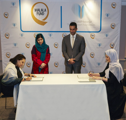 Sheikh Sultan bin Ahmed Al Qasimi and Malala Yousafzai witnessing the signing between TBHF and Malala Fund - Source: The Big Heart Foundation