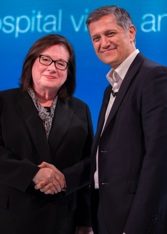 Julie Morath, HQI President and CEO, pictured with Joe Kiani, Founder and Chairman of the Patient Safety Movement Foundation, shown at the 6th Annual World Patient Safety, Science & Technology Summit in London (Photo: Business Wire)