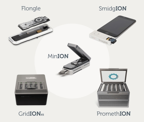 Oxford Nanopore’s novel DNA/RNA sequencing technology: the portable MinION is now being joined by other formats including high-throughput, on-demand PromethION and single-test Flongle (Graphic: Business Wire) 