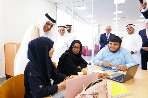 His Highness Sheikh Saud Bin Saqr Al Qasimi greets students during the Grand Opening of the new RAKBANK Building of the American University of Ras Al Khaimah (AURAK) (Photo: AETOSWire)