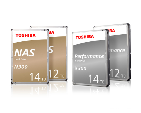 东芝：N300 NAS和X300高性能硬盘系列新款12TB和14TB氦气密封式硬盘型号效果图。（图示：美国商业资讯） 