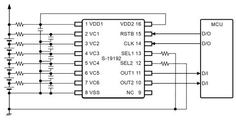 Example of a 6-cell protection circuit using the S-19192 Series (Graphic: Business Wire)