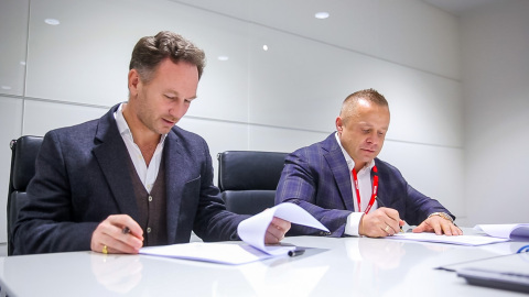 FuturoCoin unveiled as partner of Aston Martin Red Bull Racing - L to R - Christian Horner Red Bull Racing Team Principal and Roman Ziemian Co-Founder of FuturoCoin