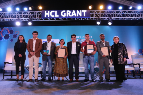 L to R - Ms. Roshni Nadar Malhotra, Vice Chairperson, HCL Technologies and Chairperson, CSR Committee, HCL Technologies; Mr. Sourav Ganguly, Former Captain of Indian National Cricket Team; Mr. Amitabh Kant, CEO, NITI Aayog and Ms. Robin Abrams, former president of Palm Computing and longest-serving Board member of HCL Technologies along with the HCL Grant 2019 recipients - Environment - Wildlife Trust of India; Health - She Hope Society for Women Entrepreneurs and Education - Srijan Foundation. (Photo: Business Wire)
