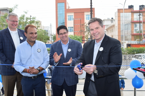 Leaders from Boyd Corporation cut the ribbon to mark the official opening of Boyd India’s precision converting facility in Noida India. From right to left: Mitch Aiello, President & CEO; Damian Wellesley-Winter, Sr. VP Global Sales & Marketing; Yogesh Saglani, General Manager Boyd India; Eric Struik, Sr. VP & CFO. (Photo: Business Wire)