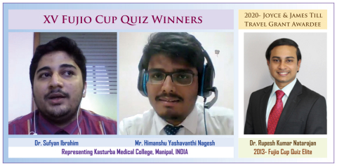 第15届Fujio Cup Quiz获胜者——来自印度Kasturba医学院的Ibrahim博士和Nagesh先生，以及2020年Joyce and James Till Travel Grant获得者Natarajan博士。（2013年FCQ精英）。（图示：美国商业资讯）