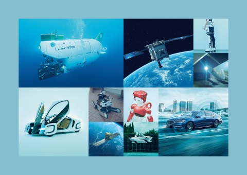 [From upper-left] SHINKAI 6500, HAYABUSA2, Wearable Cyborg, Active scope camera for rescue [From lower-left] Ultra-thin and flexible tough polymer, Rescue robot, Small synthetic-aperture radar satellite (SAR), Communication robot, Flying car, Level-3 autonomous vehicle (Photo: Business Wire)