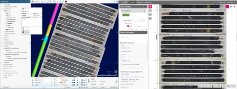 Imago 平台中显示的芯盒（右）和 Leapfrog Geo 中显示的芯盒（左）。地质学家点击钻孔轨迹，即可在 Imago 正确路径下将相应的钻芯照片显示为钻孔。地质学家能够使用岩石材料的原始图像持续验证日志并分析结果。 