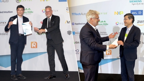 Cepton CEO Dr. Jun Pei received the award trophy for Cepton's Nova lidar (left, ©Tech.AD) and was acknowledged by ALP.Lab for providing the lidar solution deployed in ALP.Lab's award-winning smart cities project (right, ©ALP.Lab). (Photo: Business Wire)