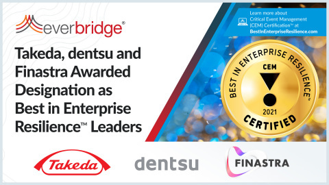 武田、电通和Finastra被授予Everbridge全球重大事件管理(CEM)认证计划“顶尖企业韧性领导者”称号（图片：美国商业资讯） 