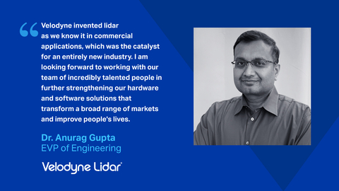 Velodyne Lidar, Inc.宣布Anurag Gupta博士擔任其工程執行副總裁。他負責領導Velodyne的工程團隊，打造高價值的軟硬體解決方案，幫助客戶解決系統級問題，使客戶能夠成功塑造更安全、更高效率、更加永續的未來。（照片：Velodyne Lidar）