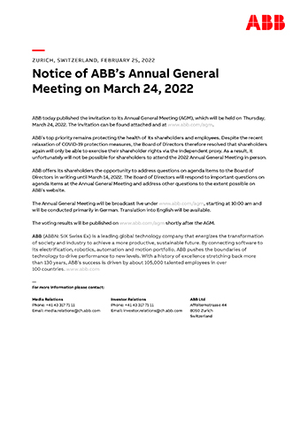 Notice of ABB’s Annual General Meeting on March 24, 2022