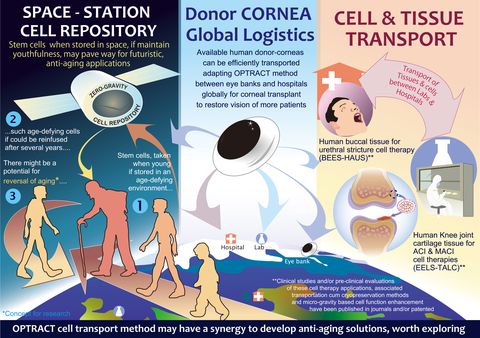 A cell repository aboard a space station in zero gravity or in a micro gravity of other planets or inter-stellar space, in which, if aging related implications or damages to cells could be alleviated, storing human stem cells for certain duration, with suitable gravitational forces and then re-infusion, might yield restoration of youth. Accomplishments by OPTRACT method-based transportation of cells and tissues between hospitals and laboratories for regenerative medicine - cell therapy applications, human cadaver corneal transportation across destinations and cryopreservation of stem cells; several published by the Japanese scientists and granted patents, have paved way to these futuristic research strategies of space-age anti-aging solutions. The OPTRACT method based in vitro culture has yielded reversal of senescence of human chondrocytes in the lab, employing proprietary tissue engineering techniques. (Graphic: Business Wire)