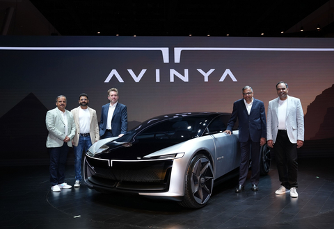 
Tata Passenger Electric Mobility (TPEM)今天在全球首發了其AVINYA概念車。這款概念車採用其GEN 3架構打造，展現了該公司主打純電動汽車的願景。作為通向「新典範」的關鍵願景，該款概念車反映了公司的新身分，即永不滿足於現狀的身分。AVINYA概念車計畫於2025年上市，必將推動新型電動汽車的崛起。圖中（從左到右）依次為Tata Passenger Electric Mobility Ltd.產品線和營運副總裁Anand Kulkarni先生，Tata Passenger Electric Mobility Ltd.行銷、銷售和服務策略負責人Vivek B Srivatsa先生、Tata Motors設計負責人Martin Uhlarik先生、Tata Sons和Tata Motors董事長N Chandrasekaran 先生以及Tata Motors Passenger Vehicles Ltd.和Tata Passenger Electric Mobility Ltd.董事總經理Shailesh Chandra先生，以及引人矚目的AVINYA概念車。（照片：美國商業資訊） 
