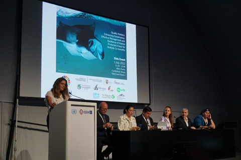大自然保護協會的Lizzie McLeod博士在於葡萄牙舉行的聯合國海洋大會上發言（照片：大自然保護協會） 