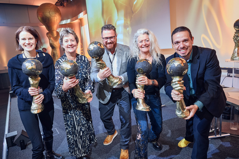 From left to right - Freya Burton (LanzaTech – Winner Category AIR from China), Sarah Alexander (nurture.farm, AgTech Startup – Winner Category EARTH from India), Karl Boyce (ARC Power – Winner Category FIRE from Rwanda), Roberta Dixon-Valk (Take 3 for the Sea – Winner Category YOUTH from Australia), Rodrigo Oliveira (Eco Panplas – Winner Category WATER from Brazil) (Photo: Business Wire)