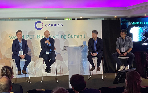 From left to right: Alain Marty (Carbios), Gilles Baudin (L'Oréal), Emmanuel Ladent (Carbios), Olivier Mouzin (Salomon) during a Q&A session at First World PET Biorecycling Summit
