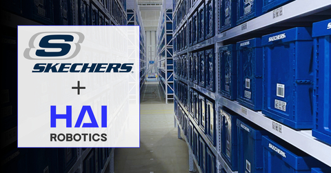 一台Hai Robotics自动化箱式仓储机器人(ACR)，它是Skechers配送中心69个挑选和运输货物箱以完成订单配送的机器人之一。（照片：美国商业资讯）