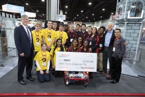 Blake Moret, Rockwell Automation president and CEO, FIRST Tech Challenge (FTC) Team 6022, “TBD,” FRC team FIRST Robotics Competition (FRC) Team 120, “Cleveland’s Team,” Don Bossi, president and CEO, FIRST and Jay Flores, Rockwell Automation global STEM ambassador. (Photo: Business Wire)