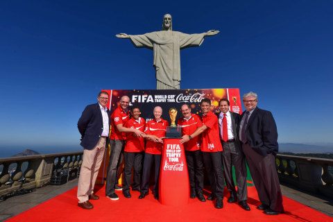 The global FIFA World Cup Trophy Tour(TM) by Coca-Cola kicked off with an official launch ceremony at the iconic Christ the Redeemer statue in Rio de Janeiro, Brazil, in the presence of Michel Davidovich, General Manager of the 2014 FIFA World Cup(TM), Coca-Cola Brazil, Thierry Weil, FIFA Marketing Director, and five World Cup(TM) Champions from each of Brazil's five wins, Zagallo (1958), Amarildo (1962), Rivellino (1970), Bebeto (1994) and Marcos (2002). (Photo: Business Wire)