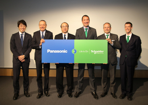 from left to right: Hiroshi Komatsubara, Chief Sales Officer Airconditioner Company, Appliance Company, Panasonic; Laurent Abadie, CEO and Chairmann, Panasonic Europe; Toshiyuki Takagi, President Air-Conditioner Company and VP Appliance Company, Panasonic; Jean Marc Zola, Commercial Senior VP, EcoBuilding Division, Schneider Electric; Jean de Kergorlay, VP Commercial Field Services & BMIS, EcoBuilding Division, Schneider Electric; Simon Le Blond, SmartSpace Commercial VP, EcoBuilding, Schneider Electric (Photo: Business Wire)