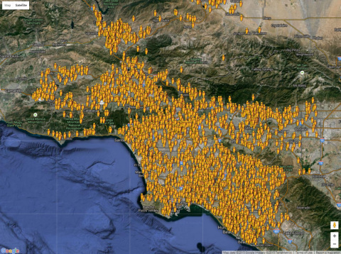 该地图显示加州洛杉矶PulsePoint移动app CPR响应者的覆盖范围。超过26,000人已选择接收来自于PulsePoint Respond 移动 app的CPR提示。洛杉矶县于2014年8月开通PulsePoint，洛杉矶市于2015年3月开通PulsePoint。（图示：美国商业资讯）