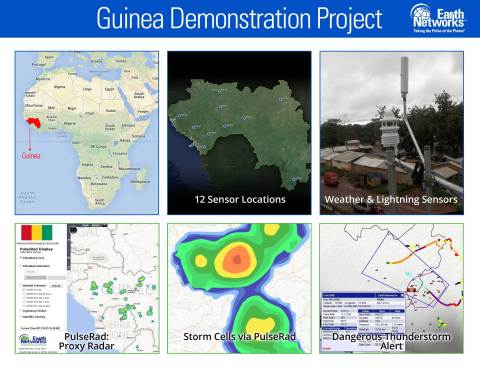 Earth Networks installed the first advanced weather and lightning sensor network in Guinea, Africa as a part of meteorological demonstration project. Data from the lightning sensors enables PulseRad, a proxy radar product; automated Dangerous Thunderstorm Alerts (DTAs); and real-time observations and forecasts. (Graphic: Business Wire)