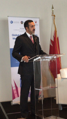 聯合國總部：在宣佈巴林王國成為2019年全球企業家大會主辦國之後，巴林國際事務副部長Sh. Abdulla bin Ahmed Al Khalifa閣下發表談話（照片：AETOSWire）
