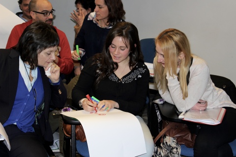 Volunteers from the Peluffo-Giguens Foundation conduct a group activity on selecting the best leader for a Relay For Life Committee at the training in Montevideo, Uruguay. (Photo: Business Wire) 