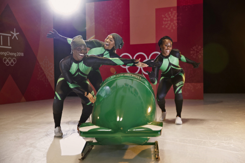 Visa Welcomes the Nigerian Women’s Bobsled Team to Team Visa for the Olympic Winter Games PyeongChang 2018. From left to right: pilot Seun Adigun, brakeman Ngozi Onwumere, brakeman Akuoma Omeoga. (Photo: Business Wire)