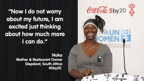 南非普斯魯特五個孩子的母親、餐廳老闆Noko在可口可樂5by20計畫和聯合國婦女署提供的講習班中學會了賬務管理、行銷和其他商業技能。她說她的信心大增，而且她的利潤幾近增加一倍。Noko表示，「有時當我環視餐廳時，我看到自己所獲得的長足進步，我對此感到無比自豪，眼淚都快流下來了。如今，我不用再去擔心未來，而且對自己在今後可以成就的事情感到興奮不已。」（照片：美國商業資訊） 