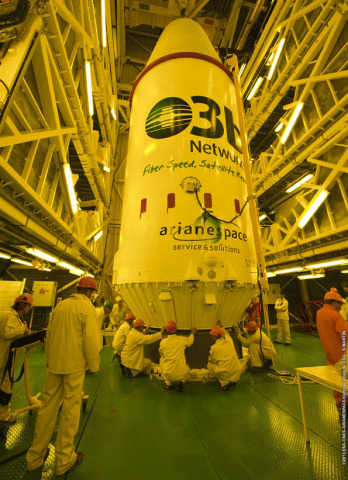 O3b整流罩和複合體附加至聯盟號火箭頂部。（照片：美國商業資訊） 