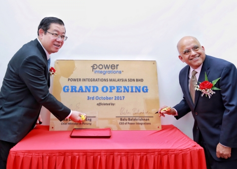 Rt. Hon. Mr. Lim Guan Eng, Chief Minister of Penang and Balu Balakrishnan, President and CEO of Power Integrations celebrate the grand opening of Power Integrations Penang, Malaysia (Photo: Business Wire)