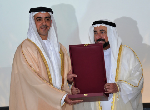 Lt. General HH Sheikh Saif bin Zayed Al Nahyan (left) receiving the award from HH Sheikh Dr. Sultan Bin Mohammad Al Qasimi (right). (Photo: Business Wire)