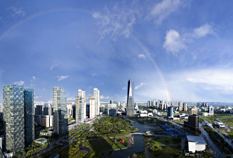 Scene of Songdo Central Park, a part of Incheon Free Economic Zone. Songdo Central Park is the first park in Korea with man-made waterways created using seawater. It boasts water taxis and various walking trails. The tallest building in the middle is NEATT (North East Asia Trade Tower) which is a skyscraper in Songdo International City, the world's most expensive private real estate project in the Incheon Free Economic Zone, Korea. (Graphic: Business Wire)