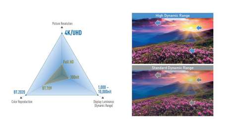 （左）分辨率/亮度（动态范围）/色彩再现水平均得到提高，实现出色的画质。（右）高动态范围的效果示例（照片：美国商业资讯） 
