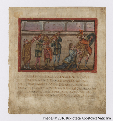 Vergilius Vaticanus, Folio XXIIr, Creusa trying to detain Aeneas from the battle, 4th cent.