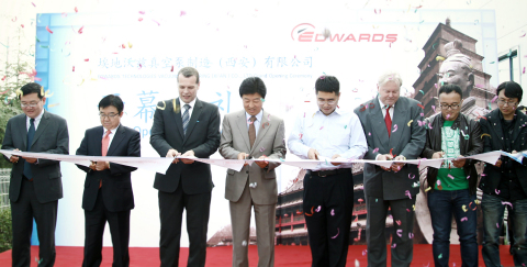 Xian Service Centre opening ceremony, pictured: From Left to right 1. Jason Xu, Country Manager, Edwards China 2. Mr. Baek, Samsung Xian Vice President 3. Steve Goldspring, Vice President - Service Business Unit, Edwards 4. SM Lee, Country Manager, Edwards Korea 5. Mr. Moon, Xian Government official 6. David Green, General Manager - Remanufacturing, Edwards 7. Mr. Hong, Xian Government official 8. Joon Yin, Xian Hub Team Lead (Photo: Business Wire)
