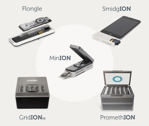 Oxford Nanopore’s novel DNA/RNA sequencing technology: the portable MinION is now being joined by other formats including high-throughput, on-demand PromethION and single-test Flongle (Graphic: Business Wire)