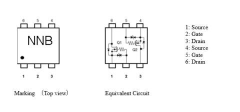 Toshiba: Marking and equivalent circuits of a dual MOSFET 