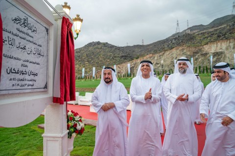 HH Sheikh Dr. Sultan bin Mohamed Al Qasimi, Supreme Council Member and Ruler of Sharjah, inaugurates the Khorfakkan Square, accompanied by HH Sheikh Saud bin Saqr Al Qasimi, Supreme Council Member and Ruler of Ras Al Khaimah, and HH Sheikh Sultan bin Mohammed bin Sultan Al Qasimi, Crown Prince and Deputy Ruler of Sharjah. (Photo: AETOSWire)