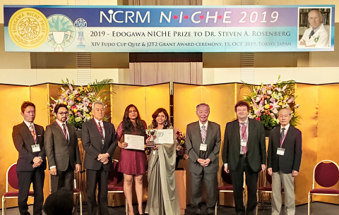 Winners of XIV Fujio Cup Quiz receiving the trophy from Dr. Masahiro Katoh, Chairman Edogawa Hospital (3rd from Rt) with Prof. Jurgen Hescheler (2nd from Rt) and Dr. Shojiro Katoh (2nd from Lt) (Photo: Business Wire)