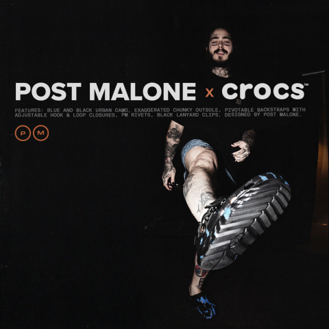 Post Malone x Crocs Duet Max Clog是一款外形新穎的洞洞鞋，以獨特的藍色和黑色城市迷彩圖案貫穿，採用誇張的粗厚外底以及帶有可調節扣環的可翻轉後跟綁帶。這是雙方的第四次合作。（照片：美國商業資訊）