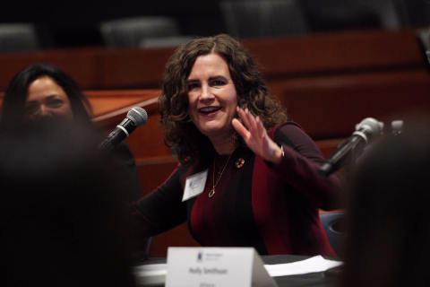 Deborah Gibbins, COO at Mary Kay, speaking at the panel tackling corporate leadership in gender equality (Photo: Mary Kay Inc.)