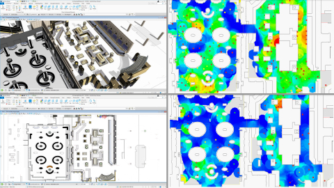 Top left illustrates a 3D model of a retail operation created using OpenBuildings Station Designer. Bottom left shows 2D floor plans that are then imported into LEGION Simulator (right) to test two scenarios. Examples shown are at occupancy rates of 75% (top) and 25% (bottom) to comply with social distancing requirements. (Photo: Business Wire)