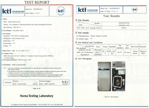 韩国测试实验室对首尔伟傲世的紫外线LED Violeds模块的测试报告和结果（照片：美国商业资讯） 