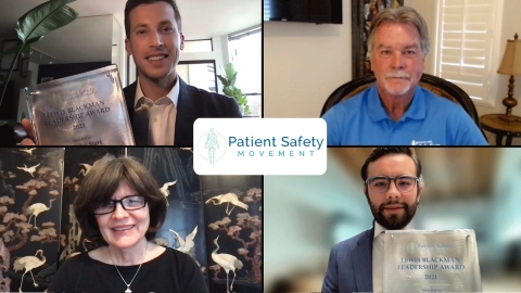 Patient Safety Movement Foundation CEO David B. Mayer (top right) and Helen Haskell (bottom left) present Nicholas Stark (top left) and Oscar San Roman Orozco (bottom right) with the inaugural Lewis Blackman Leadership Award. (Photo: Business Wire)