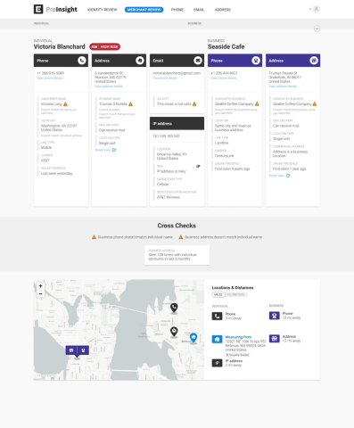 Ekata’s Merchant Review solution visually surfaces unique, cross-linked individual and business data to help review agents and underwriting teams make quicker, more confident onboarding decisions. (Graphic: Business Wire)